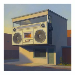 a stunning and detailed painting of a boombox house by edward hopper, 8 k, behance award winner, gradient shading, inspirational architecture, rembrandt lighting, golden hour