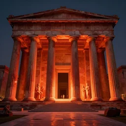 a matte painting of a Modern Atlantis grec temple pantheon of legends of dynasty brutalist architecture by Frank Lloyd Wright and Zaha Hadid red and orange glow volume light mystical
