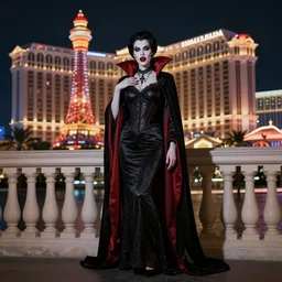 realistic matte painting, full length portrait, the vampire duchess of blood owns las vegas at night, fangs, pale, highly detailed, CGsociety, concept art, HDR, hyper realistic, volumetric lighting, subsurface scattering, unreal,