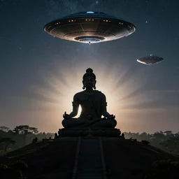 Film still of silhouette of indian statue, sukhasana, starry sky, flying saucer, ufo, ufo, ufo, with radiating hill, full shot