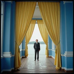 movie still by tarkovsky of a blue neoclassical interior corridor with yellow drapery finishing on a lake, cinestill 8 0 0 t 3 5 mm, by magritte, heavy grain, high quality, high detail, isometric view