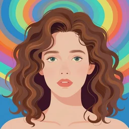 a colorful vibrant closeup portrait of a simple caucasian woman with curly mid length brown hair with a calm afraid aesthetic face dreamy vibes and dreaming psychedelic hair, by kawase hasui, moebius, edward hopper and james gilleard, zdzislaw beksinski, steven outram colorful flat surreal design, hd, 8 k, artstation