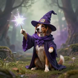 wizard dog as magic wizard casting spell surreal art