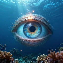 beautifully stunning eye submerged in the depths of the ocean, james jean, brian froud, ross tran, ultra detailed, atmospheric, epic composition, coral reef, cinematic, unreal engine, flares, particles, volumetric light