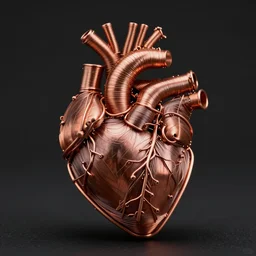 a very beautiful tiny organic sculpture in the shape of a ( ( ( ( human heart ) ) ) )!!!!!!!!!!!!!!!!!!!!!!!!! made of copper wire and threaded pipes, very intricate, curved. studio lighting, high resolution, high quality, black background