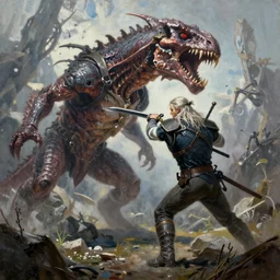 Geralt from The Witcher fighting a Thunderjaw from Horizon Zero Dawn 4k oil painting