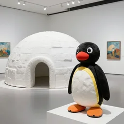 pingu visits an art exhibition, sculptures, white gallery, igloo, contemporary art, photorealistic
