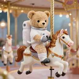 A photo of a teddy-bear astronaut riding a carousel-horse