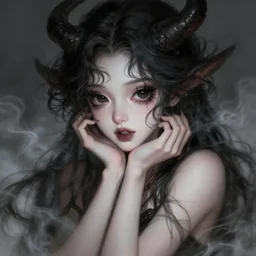 portrait of demon girl, dreamy and ethereal, expressive pose, big black eyes, exciting expression, fantasy, intricate, elegant, dark and moody smoke, highly detailed, digital painting, artstation, concept art, smooth, sharp focus, illustration, art by magali villeneuve, artgerm and greg rutkowski and wlop