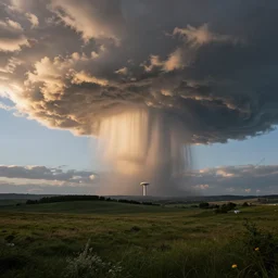 the bliss wallpaper from windows xp with an atomic mushroom cloud in the distance