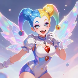 highly detailed, digital art, pixiv fanbox, trending on artstation, ray tracing, volumetric lighting, sharp focus, hq, overwatch style, clown fairy jester, smiling, pastel rainbow color scheme, iridescent and pearlescent, arcane, by artgerm, wlop, greg rutkowski, hayao miyazaki