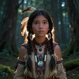 medium shot native american girl, in a dark forest, mysterious, backlit, still from a pixar dreamworks movie,