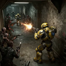 fallout enclave fighter in power armor with a minigun in his hands shoots a crowd of zombies in the corridor of the bunker, camera view isometric, post - apocalypse, 3 d prerender, realism