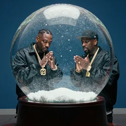 nardwuar interviewing rapper rakim inside of a snow globe