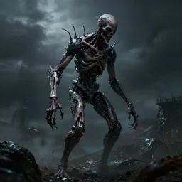 creepy long humanoid with steel parts extending from its body at random points, body horror, scary, dark, creepy