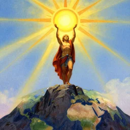 illustration of a mythical hero standing at the top of a mountain with the sun in his hands, holding it up to shine over the world. mythology. art by gaston bussiere.