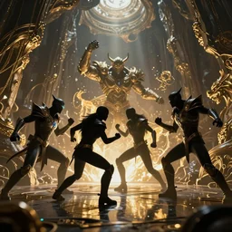 almost silhouette of 5 screamer fantasy characters fight with magic in big cave, action scene, lumen reflections, sharpened, insanely detailed and intricate, hypermaximalist, elegant, ornate, hyper realistic, super detailed, digital art, bokeh blur