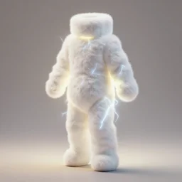 realistic photo of a a blurred fluffy marshmallow bodysuit, side view, empty soft glowing space, emitting electric tesla aura radiation 1 9 6 0, life magazine photo, natural colors, metropolitan museum, kodak, 8 k, very detailed, high resolution, product photo,