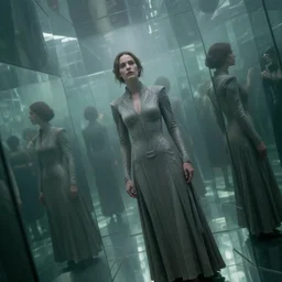 distorted perspective extremely detailed movie still foggy portrait shot of a confident woman in sci - fi dress in a distorted mirror maze by denis villenueve, ultra wide angle