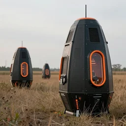 futuristic survival pods in a field, biotechnical design, black and orange colour palette, intricate details