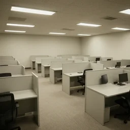 the backrooms : an endless maze of randomly generated office rooms and other environments. it is characterized by the smell of moist carpet, walls with a monochromatic tone of dirty off - white, 1 9 8 0's style carpeted walls and buzzing fluorescent lights % 5 0 working, general sense of run down and abandonment