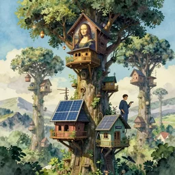 tree houses in a solar punk future, trending on artstation, octane rendering, cinematic lighting, camera obscura, water color texture, inspired by da vinci, inspired by rembrandt, inspired by ghibli, inspired by alan moore, inspired by blade runner, hyper realistic detail, very very very detailed, super detailed