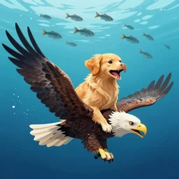 a golden retriever riding on the back of an eagle, underwater, with a school of fish behind them, digital art