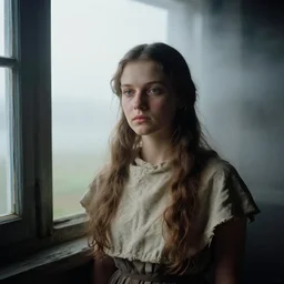 portrait bust of young woman, solemn expression, russian cinema, tarkovsky, kodachrome, old cabin, window light, long brown hair, cloth, heavy fog, hudson river school, 4 k, dramatic lighting