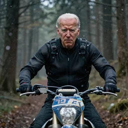 cinestill 5 0 d candid photographic portrait by helen levitt of joe biden wearing rugged black mesh techwear riding on a dirtbike through a deep forest, extreme closeup, modern cyberpunk moody emotional cinematic, snow storm, 8 k, hd, high resolution, 3 5 mm, f / 3 2, ultra realistic faces, ex machina