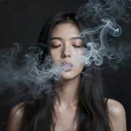 dark background, light paint, candid!! long portrait of a very very beautiful! young filipino woman with narrow face, large closed eyes and flowing long hair, swirling dreamy smoke and fog is coming from her mouth, face partially obscured, by conrad roset, abstract background, dramatic lighting, minimal art, trending on artstation
