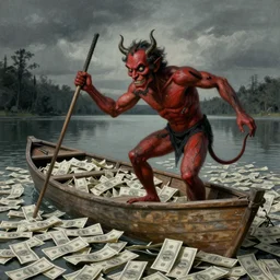 the devil guiding a boat on a lake filled with money, moody, by jean - michel basquiat