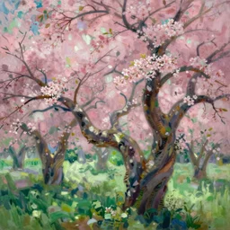 a beautiful painting close up flowers twisted trees cherry blossom hard lighting ethereal fantasy, pink green by raymond swanland, gaston bussiere craig mullins alphonse mucha basil gogos norman rockwell, jack kirby, ruan jia, roberto ferri, monet, by wlop, moebius syd mead roger dean yoshitaka