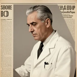 newspaper photo from 40s of a sidecut grey hair toupet mature stern looking slim medical doctor