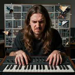 portrait of an extremely frustrated male serialist electronic compser with long brown hair in front of his broken synthesizer, all ruined, expressionist grid photo, masculine, brutal
