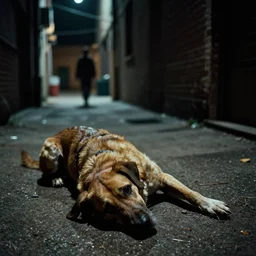 dead dog in an alley by frank miller, dramatic light