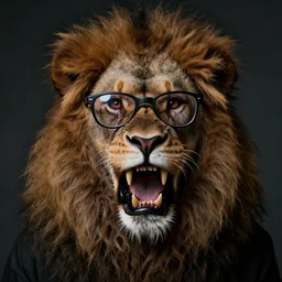 a photo of a guy with lion mouth opened like a zombie and very long brownish! hair!, with nerdy! glasses! and goatee, horror art