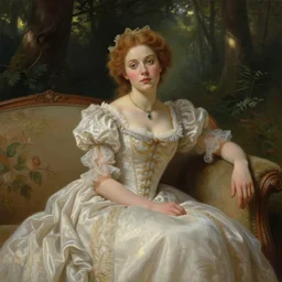 a queen of love sitting by herself on a sofa in a forest, drawn by CloverWorks,