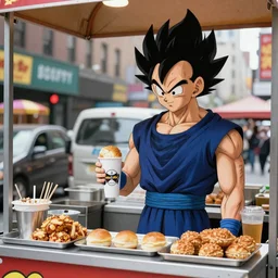 vegeta from dragon Ball selling street food in downtown New York
