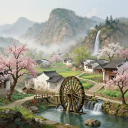 a gorgeous early spring landscape painting by barlowe wayne maxfield parrish and marco mazzoni!! early morning, chinese village. china waterwheel. the winding steps, waterfall from the mountain. ultra clear detailed. highly detailed, 3 d, octane render.