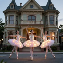 three ballerinas in glowing tutus infront of a victorian building, 🪴🌷 🌳, lowbrow, in the style of mark ryden and lilia alvarado, 8 k,