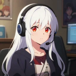 anime film portrait of a cute ( ( ( red eyed girl ) ) ) with ( ( ( white hair + long ) ) ) wearing a headset in her room interior. poster art by ilya kuvshinov, katsuhiro otomo, headshot, ambient lighting, cinematic still