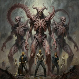 oil painting of 3 0 0 0 autolysis new gods as flayed nightmare machines, by jack kirby, alberto bontempi, shigeru komatsuzaki, wayne d barlowe, alex ross, enric torres, simon bisley & boris vallejo, hyper realism, cinematical, narrative light, muted colors, epic, hyper detailed, awe inspiring, award winning horror