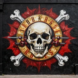 a badass guns and roses wallpaper mural on a crimson and black background, skull and crossbones, intricate illustration
