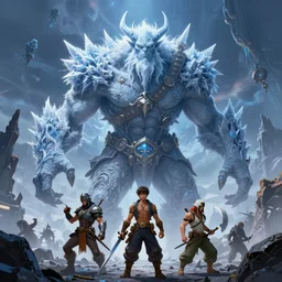 Frost giant, Monster Hunter Illustrations art book, giant, Moebius, Greg Rutkowski, Zabrocki, Karlkka, Jayison Devadas, Phuoc Quan, trending on Artstation, 8K, ultra wide angle, zenith view, pincushion lens effect.