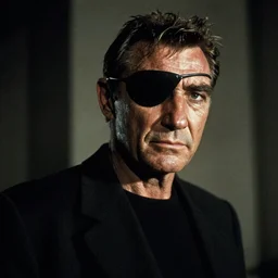 sean connery as big boss in metal gear the movie ( 1 9 8 7 ), eyepatch, movie stil, dramatic lighting, 3 5 mm, film grain