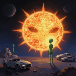 A colorful painting of Aliens of the Sun on a space planet environment with futuristic vehicles, inspired by Keith Mallett, digital art, extremely moody lighting, glowing light and shadow, atmospheric, shadowy, cinematic