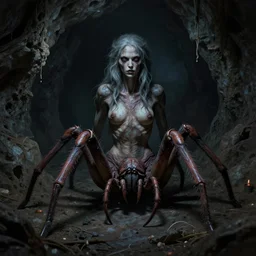 creepy matte painting of a female drider sitting in a dark cave, ultra detailed, monster, half human half spider, human torso, spider abdomen, creature design, dnd, d & d, concept art, octane render, 8 k, moody lighting, muted colors, blue tone light, dramatic lighting, realistic, john singer sargent