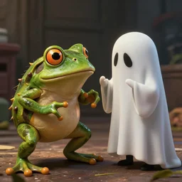 a full color still frame from a freaky live action kids tv show about a hairy frog and a sad ghost, tickle fight