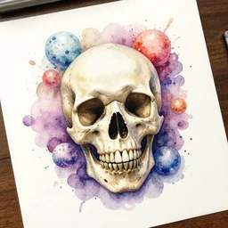 watercolor art on paper, skull with bath bomb explosions all around, highly detailed, artstation, masterpiece, award - winning