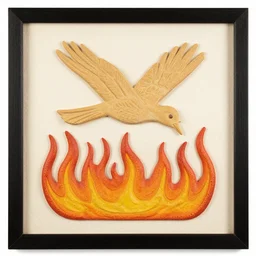 a bird rising above the flames, mexican folk art, native american folk art, relief engraving, framed art, simple, mild expressionism, award winning